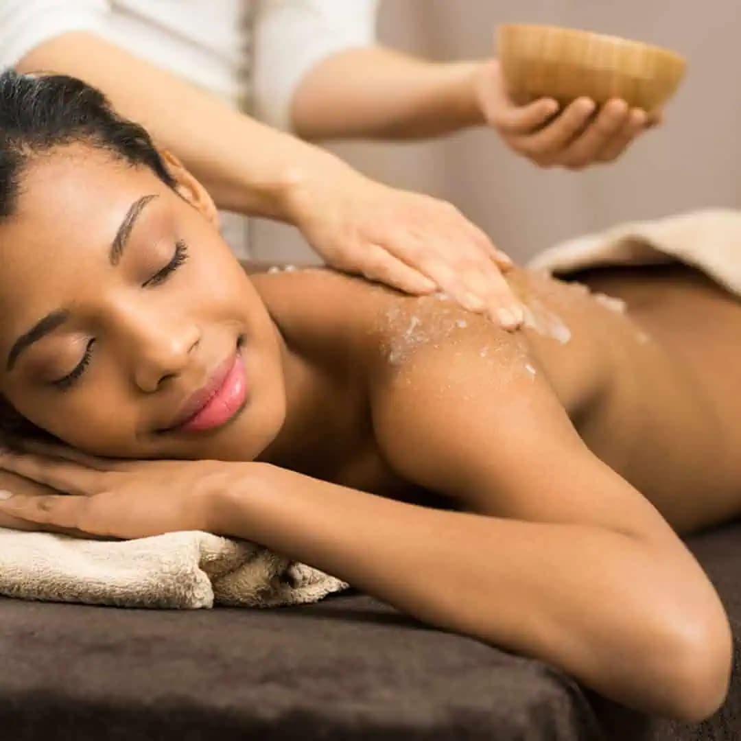 Calm spa setting with massage table